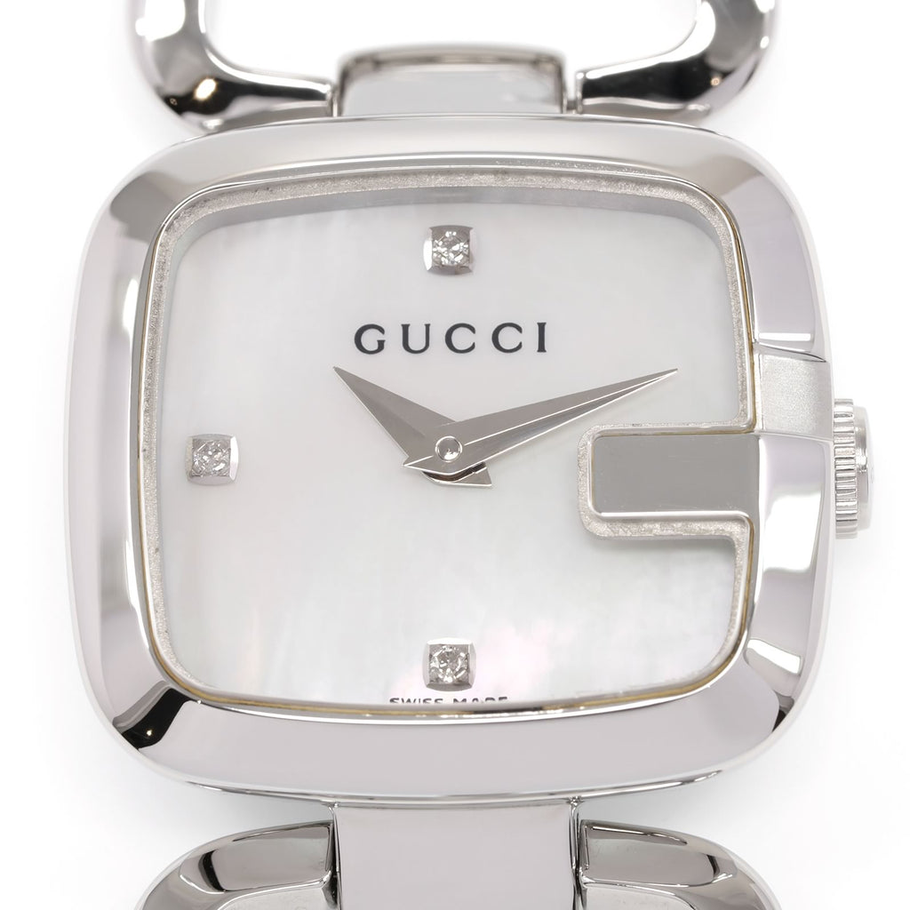 Gucci G YA125502 White Mother of Pearl Dial with 3 Diamonds close up