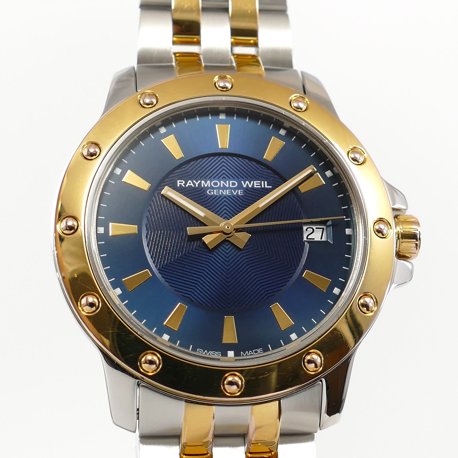 Raymond Weil Tango 5599 Blue Dial guilloche pattern close up