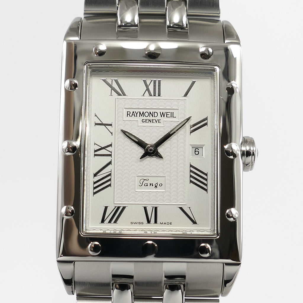 Raymond Weil Tango 5381 Silver Roman Numeral Rectangular dial close up