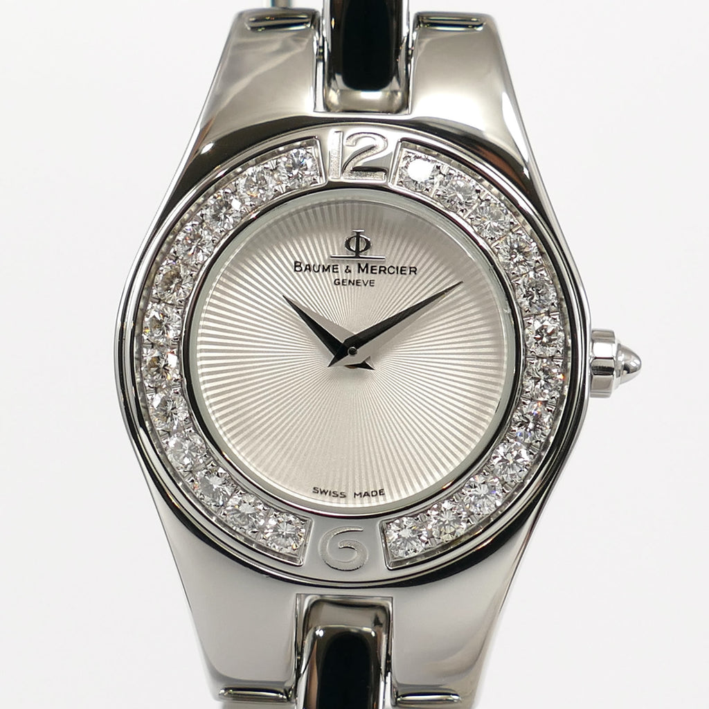 Baume & Mercier Linea 65339 Silver Guilloche Dial 24 Diamond Bezel close up