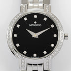 Movado Faceto 0605586 Black Dial with 58 Diamonds close up