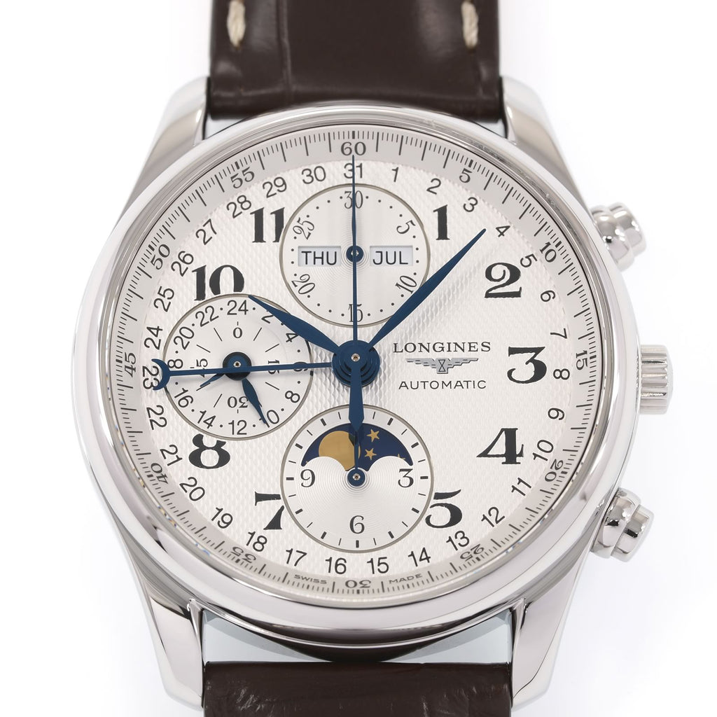 Longines Master Chronograph L2.673.4 silver guilloche Arabic moon phase dial close up