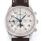 Longines Master Chronograph L2.673.4 silver guilloche Arabic moon phase dial close up