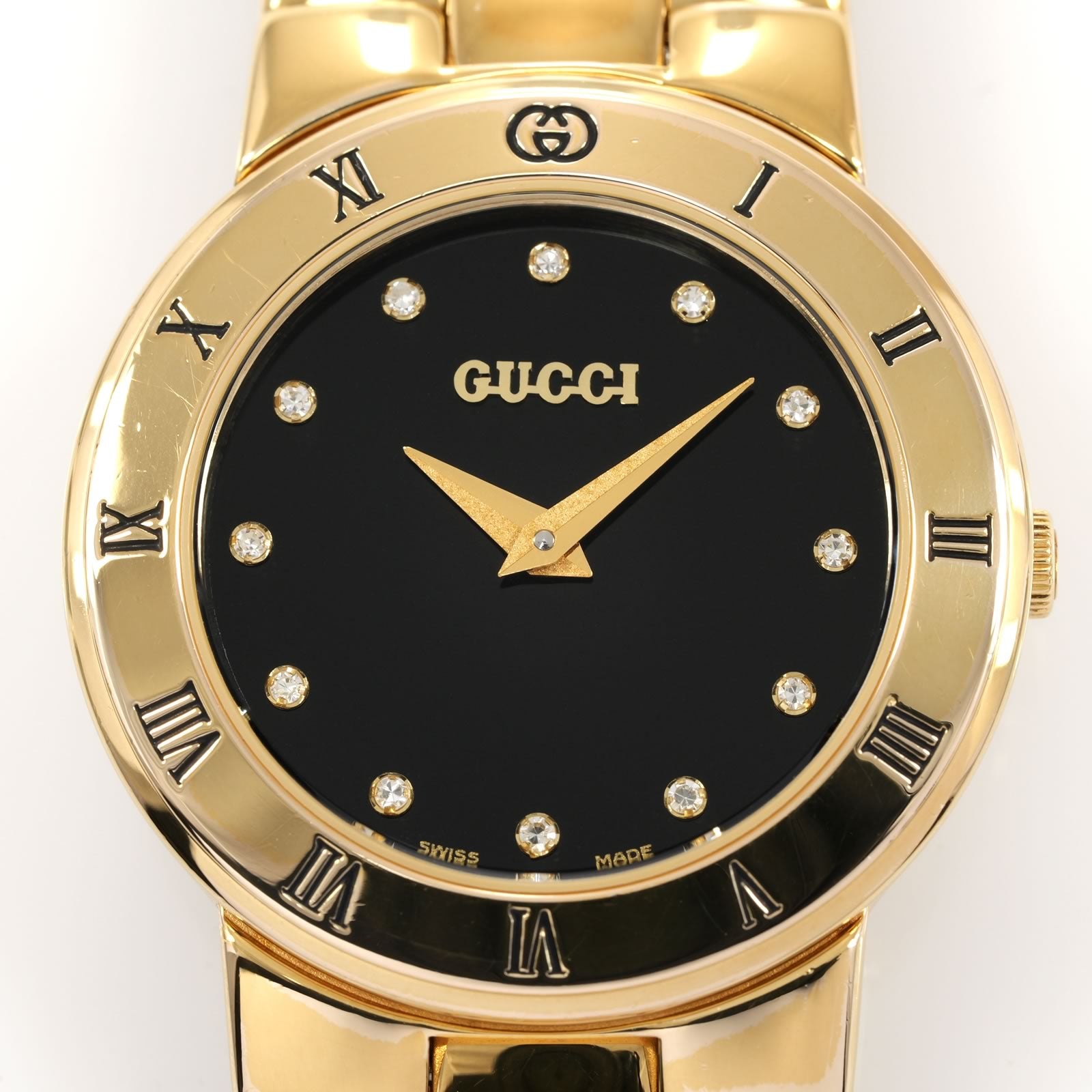 Gucci 3300L Black Dial 18k Gold Plated Ladies 25mm with Diamonds