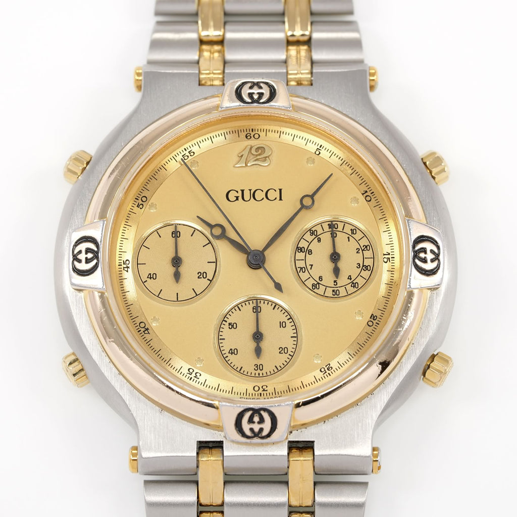 Gucci 9400 Chronograph Champagne Dial with 18k Gold close up