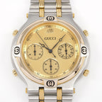 Gucci 9400 Chronograph Champagne Dial with 18k Gold close up