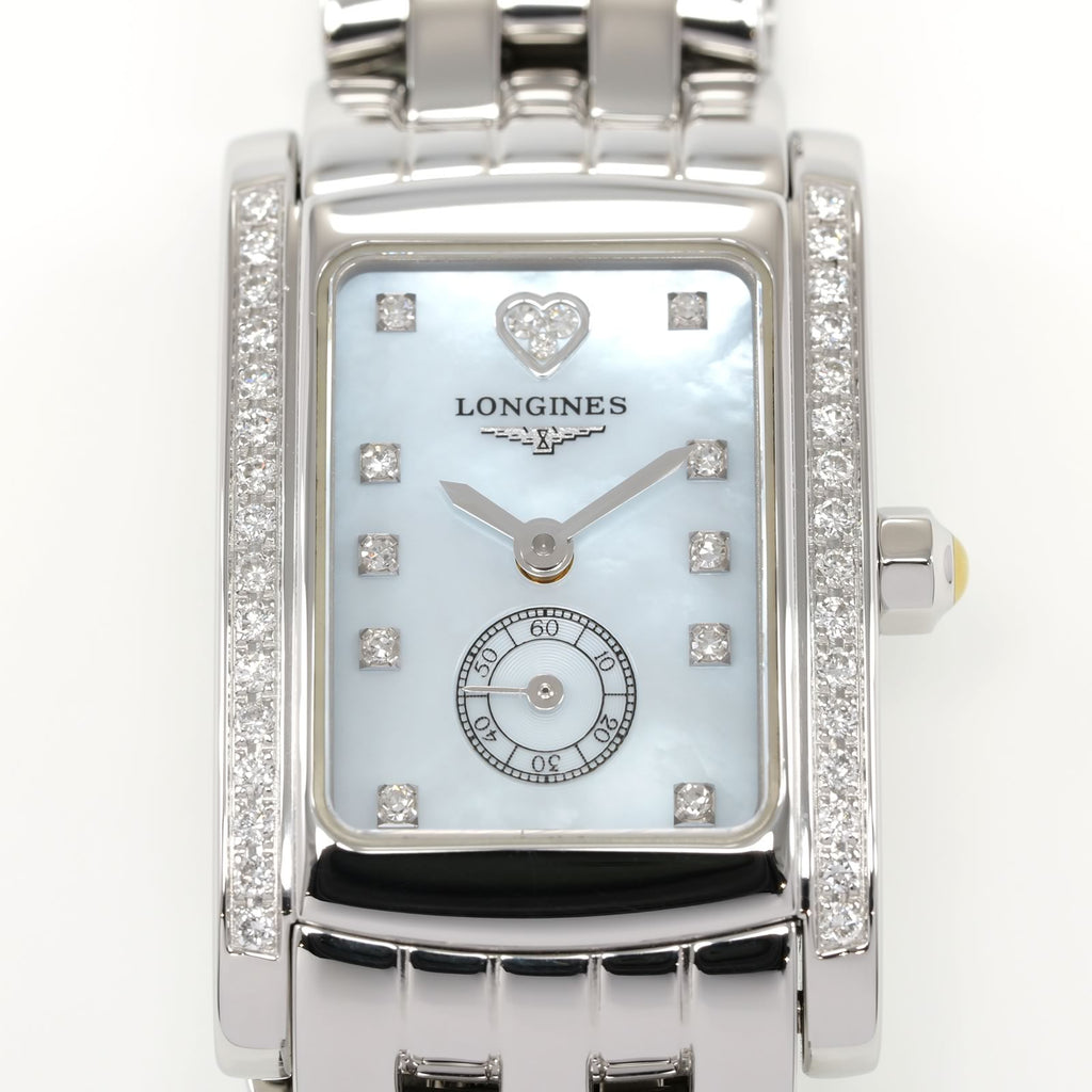 Longines DolceVita L5.155.0 Blue Mother of Pearl and diamond heart dial close up