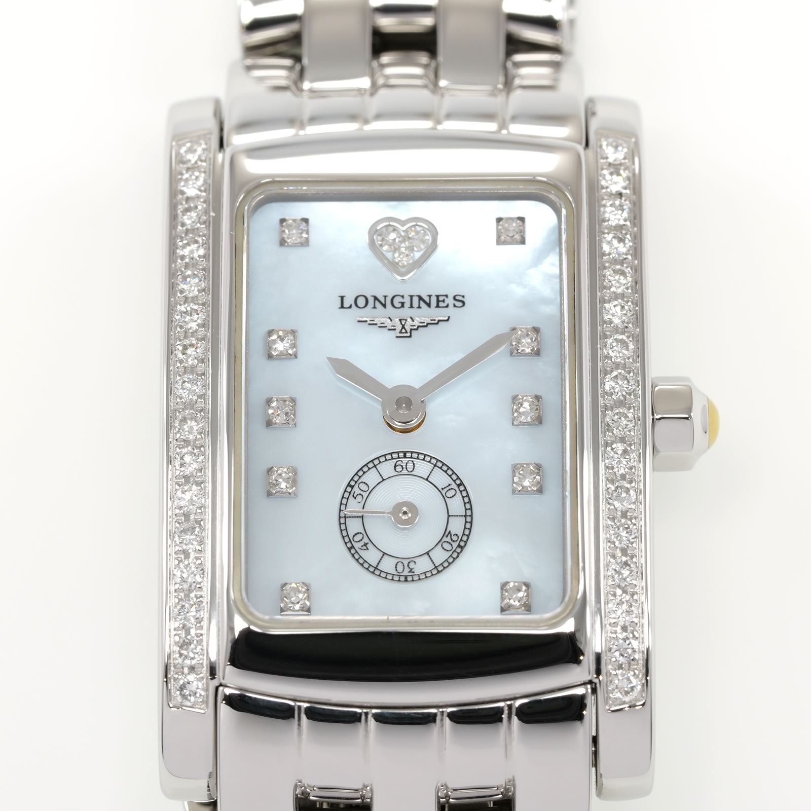 Longines DolceVita L5.155.0 Blue Mother of Pearl and diamond heart dial close up