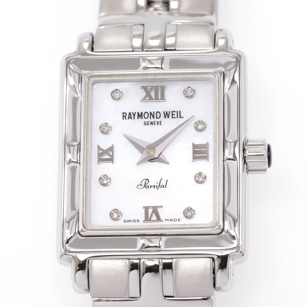 Raymond Weil Parsifal 9631 Rectangular White Mother of Pearl & Diamonds dial close up