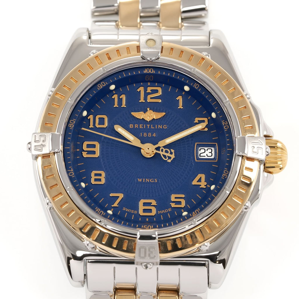Breitling Wings D67050 Blue Guilloche Dial Arabic Numerals close up