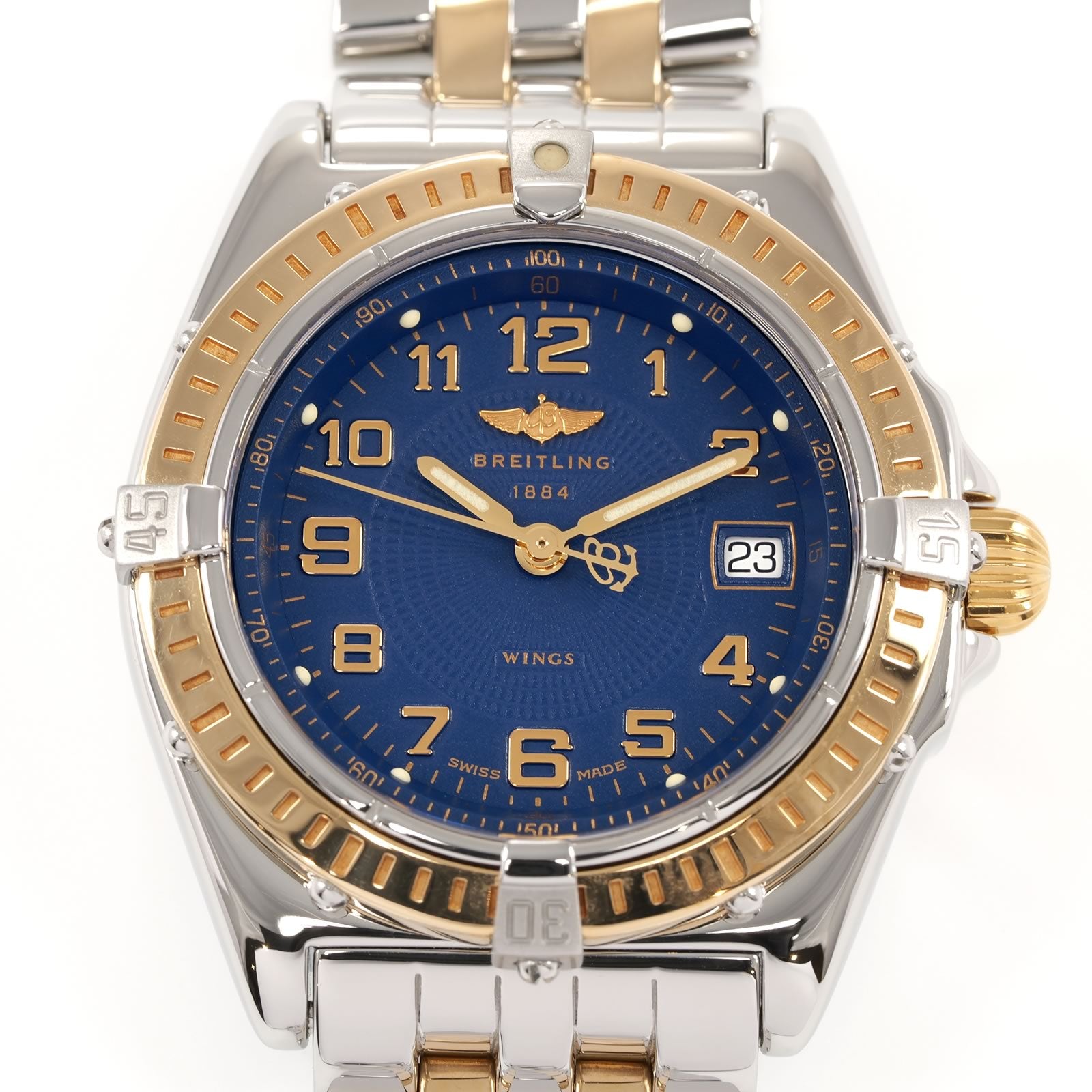 Breitling Wings D67050 Blue Guilloche Dial Arabic Numerals close up