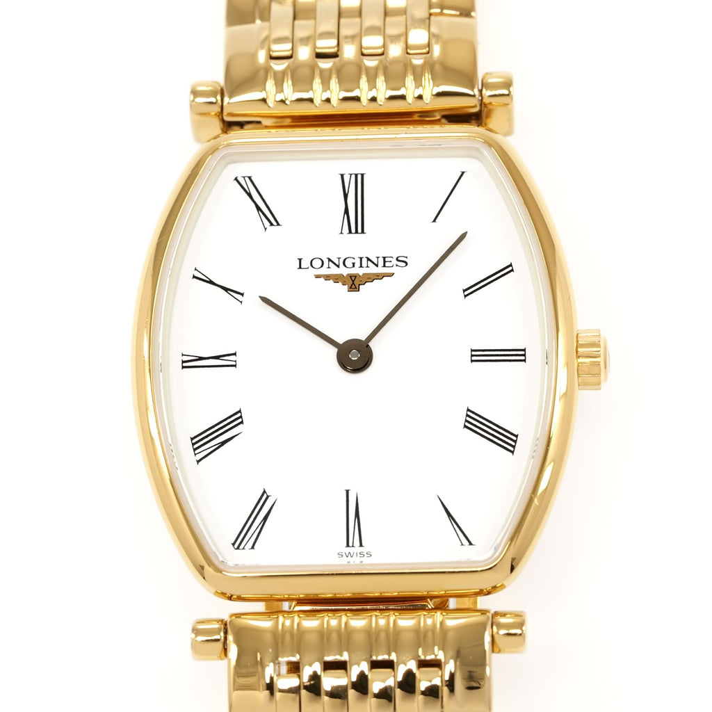 Longines La Grande Classique Gold PVD L4.205.2 Tonneau White Roman numeral dial close up