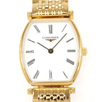 Longines La Grande Classique Gold PVD L4.205.2 Tonneau White Roman numeral dial close up