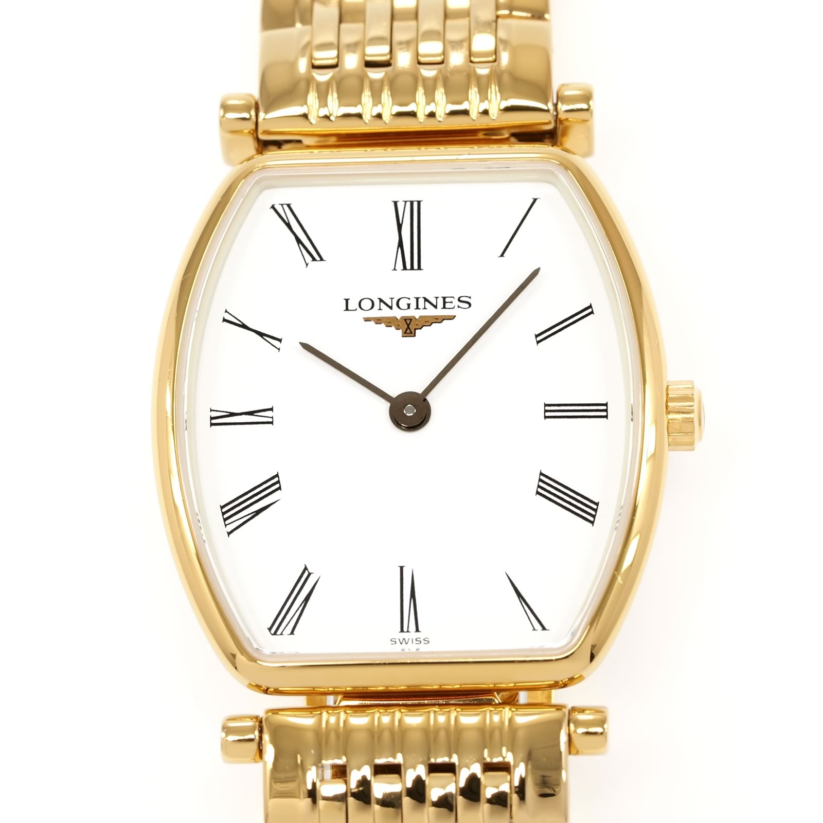 Longines La Grande Classique Gold PVD L4.205.2 Tonneau White Roman numeral dial close up