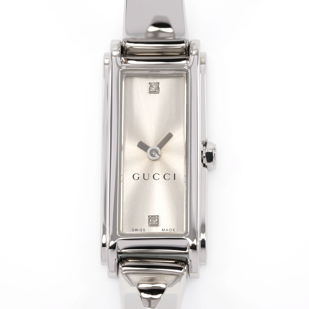Gucci G-Line 109 Silver Sunburst Dial 2 Diamonds YA109519 close up