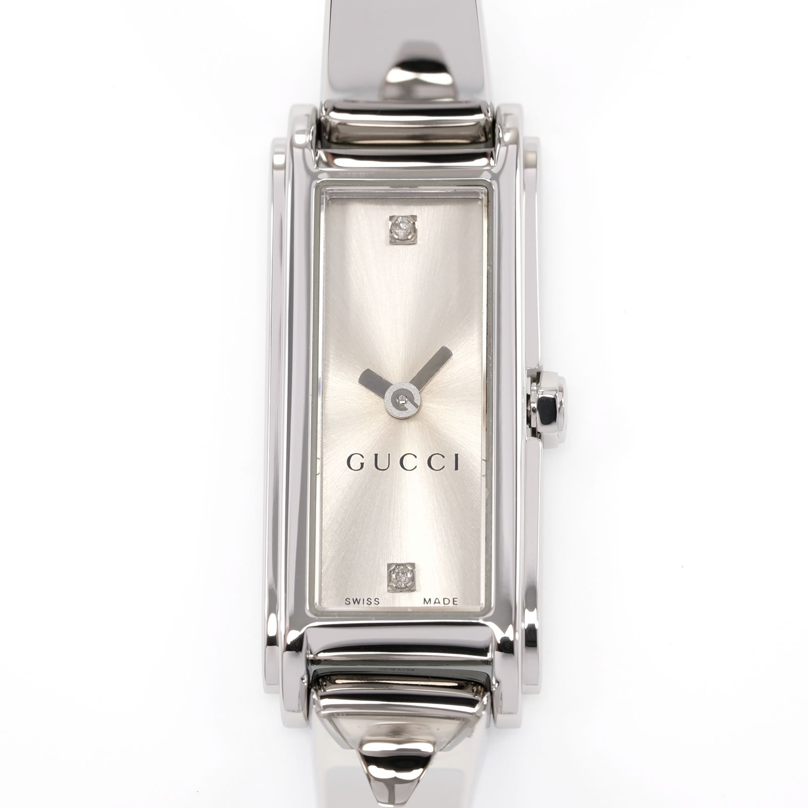 Gucci G-Line 109 Silver Sunburst Dial 2 Diamonds YA109519 close up