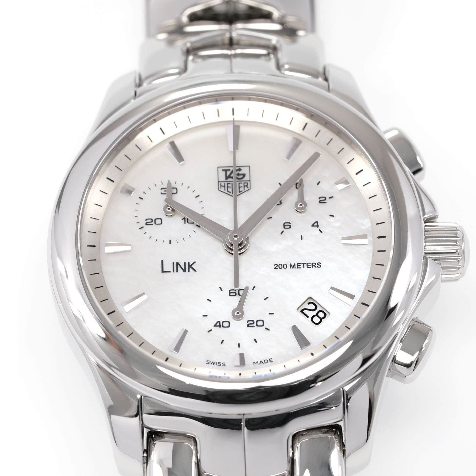 TAG Heuer Link Chronograph CJF1310 White Mother of Pearl Dial close up