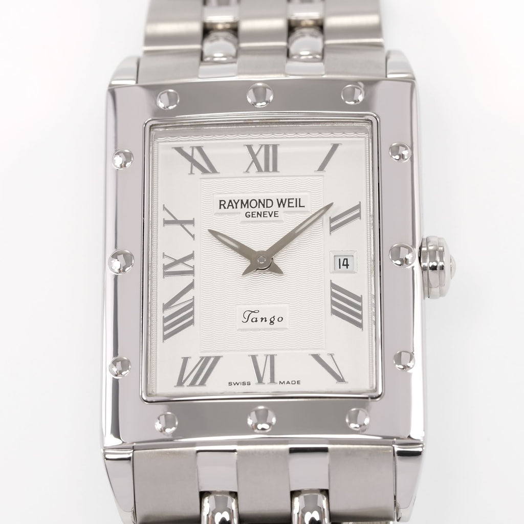 Raymond Weil Tango 5381 Silver Roman Numeral dial close up