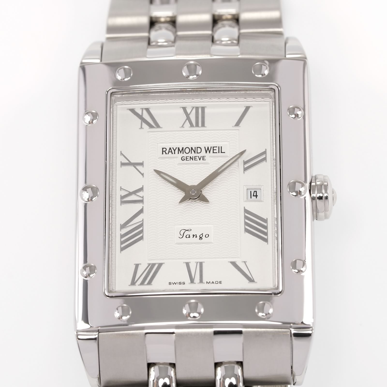 Raymond Weil Tango 5381 Silver Roman Numeral dial close up