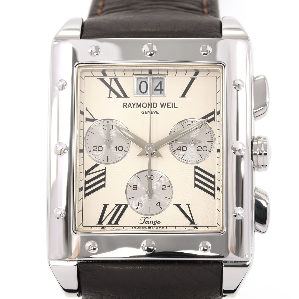 Raymond Weil Tango Chronograph 4881 Cream Guilloche Roman Numeral dial close up
