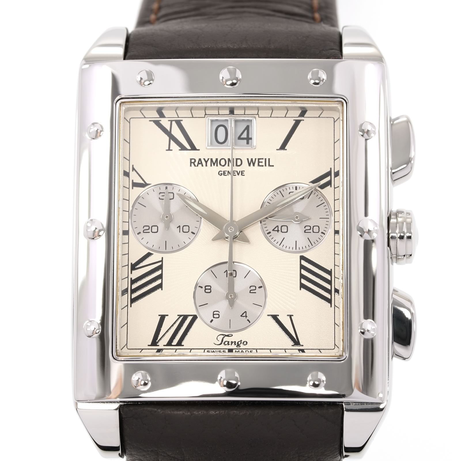 Raymond Weil Tango Chronograph 4881 Cream Guilloche Roman Numeral dial close up