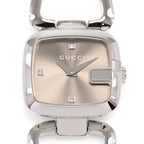 Gucci G 125.5 Brown Sunburst Dial 3 Diamonds close up