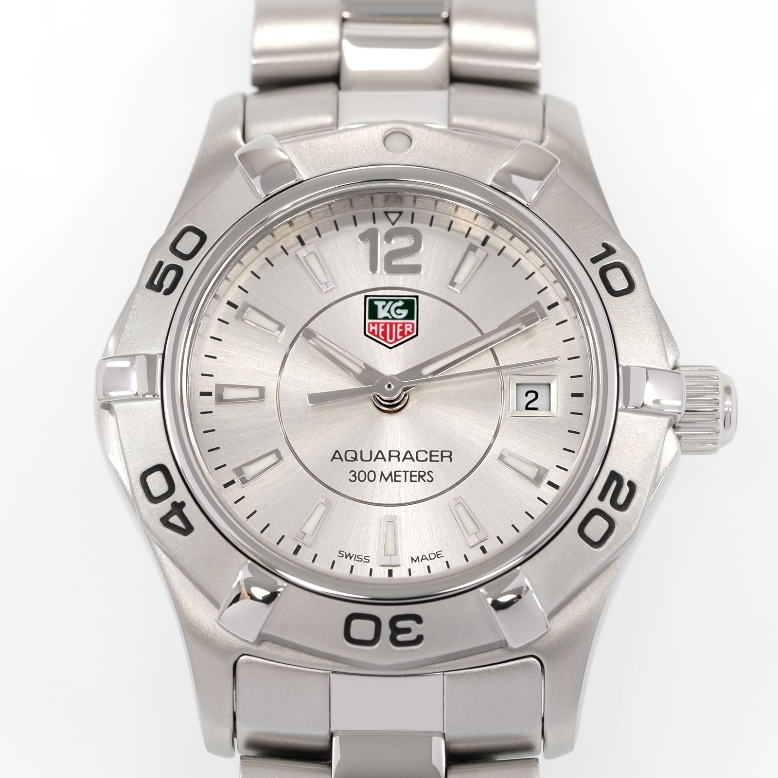 TAG Heuer Aquaracer WAF1412 Silver Sunburst Dial close up