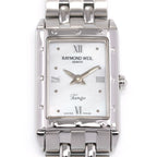 Raymond Weil Tango 5971 Iridescent Mother of Pearl Rectangular dial close up with quarter Roman Numerals