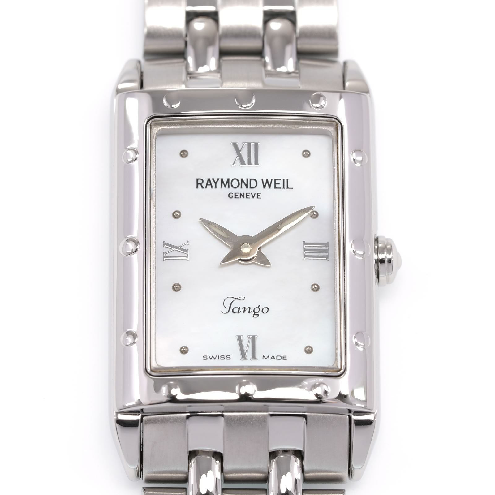 Raymond Weil Tango 5971 Iridescent Mother of Pearl Rectangular dial close up with quarter Roman Numerals