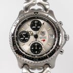 TAG Heuer SEL CG2113 West McLaren silver and black guilloche sunburst dial close up