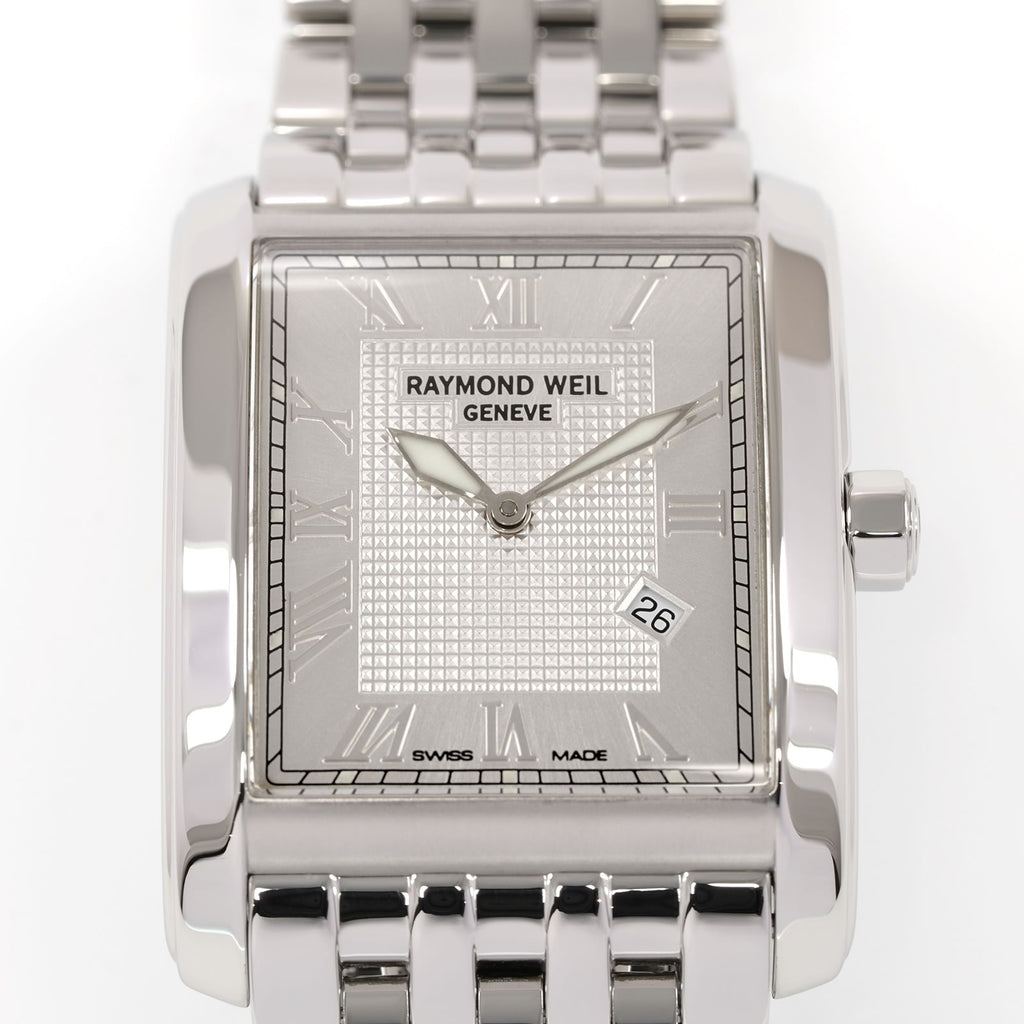 Raymond Weil Don Giovanni 9975 Silver Roman Numeral Guilloche Rectangular Dial close up
