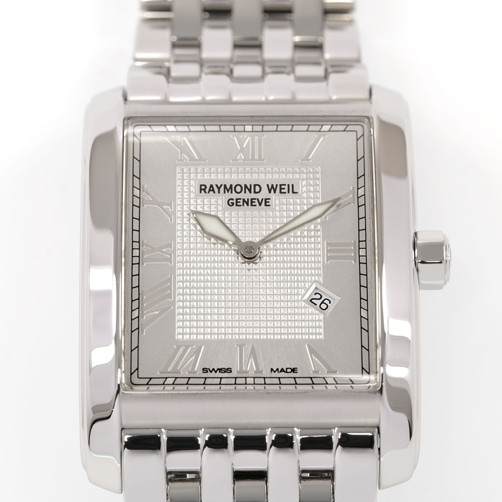 Raymond Weil Don Giovanni 9975 Silver Roman Numeral Guilloche Rectangular Dial close up