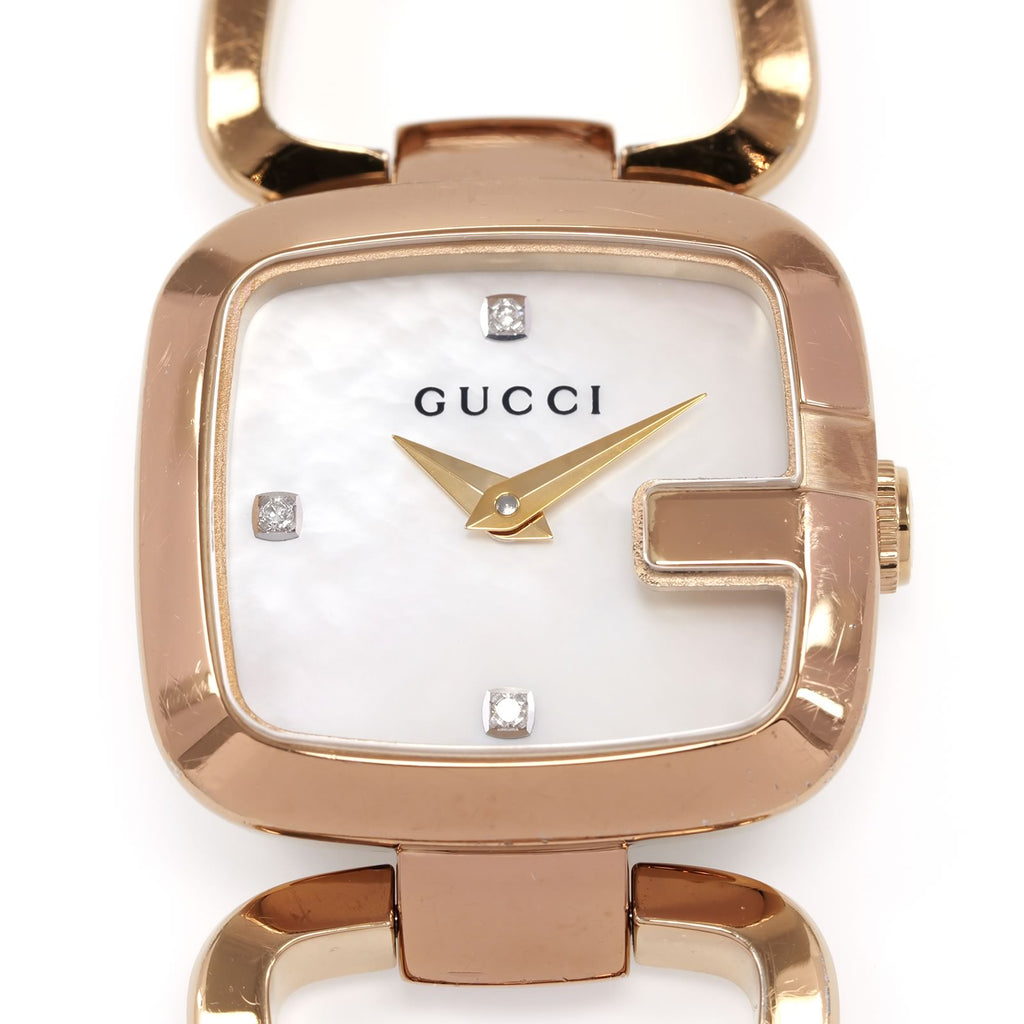 Gucci G Rose Gold 125.5 White Mother of Pearl with 3 Diamonds close up