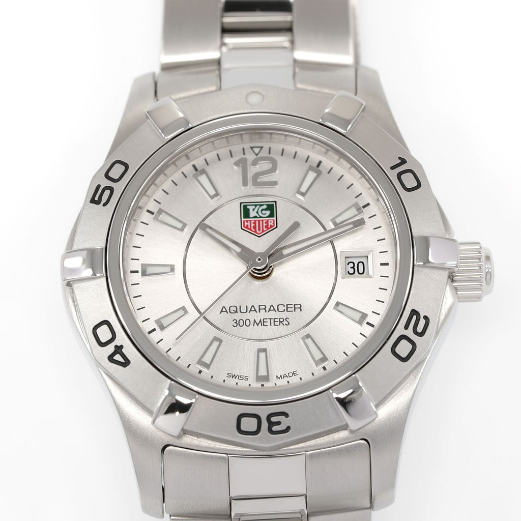 TAG Heuer Aquaracer WAF1412 Silver Sunburst Dial close up