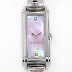 Gucci G-Line 109 Iridescent Pink Mother of Pearl and Diamonds Rectangular dial close up