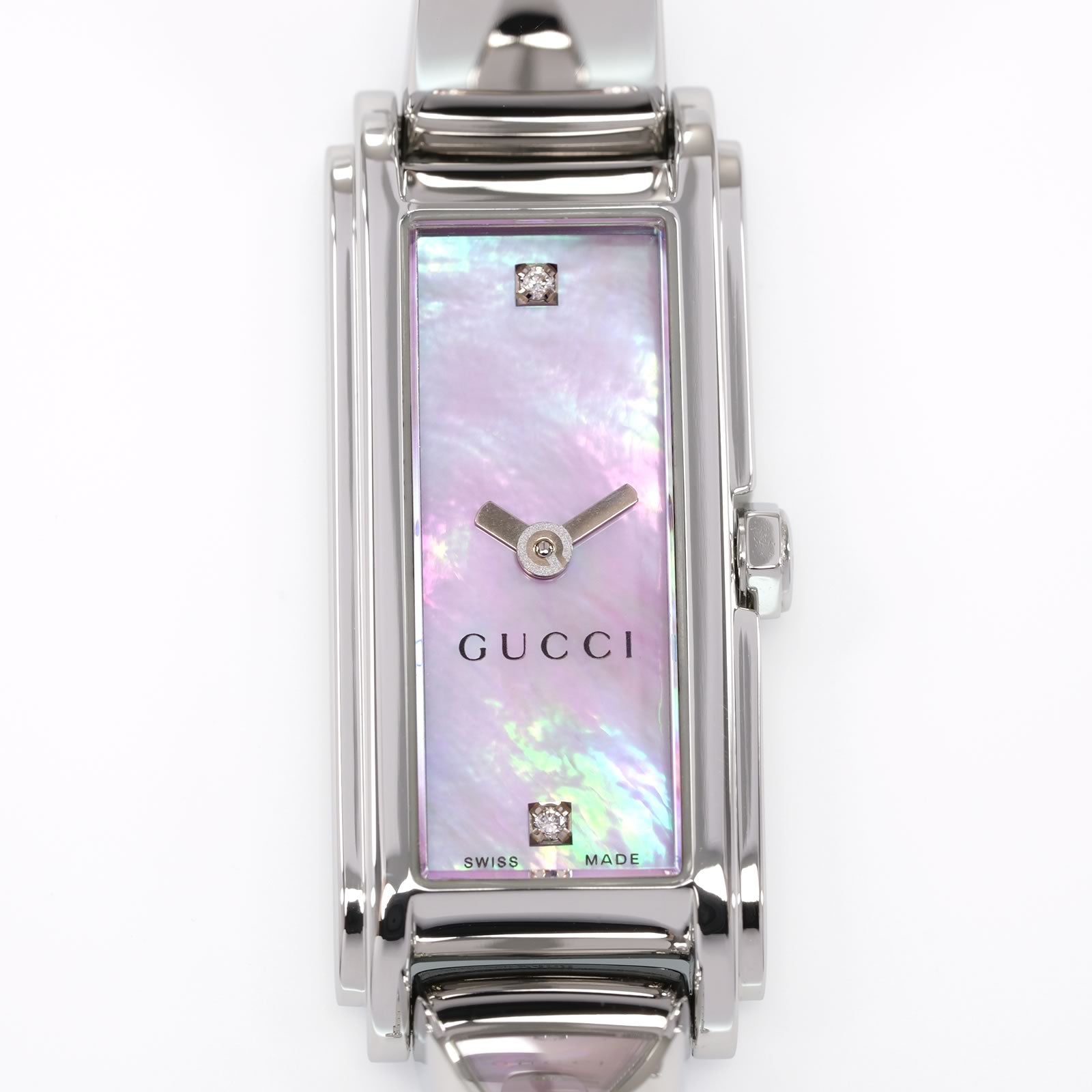 Gucci G-Line 109 Iridescent Pink Mother of Pearl and Diamonds Rectangular dial close up