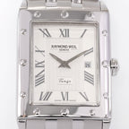 Raymond Weil Tango 5381 Silver Roman Numeral guilloche dial close up