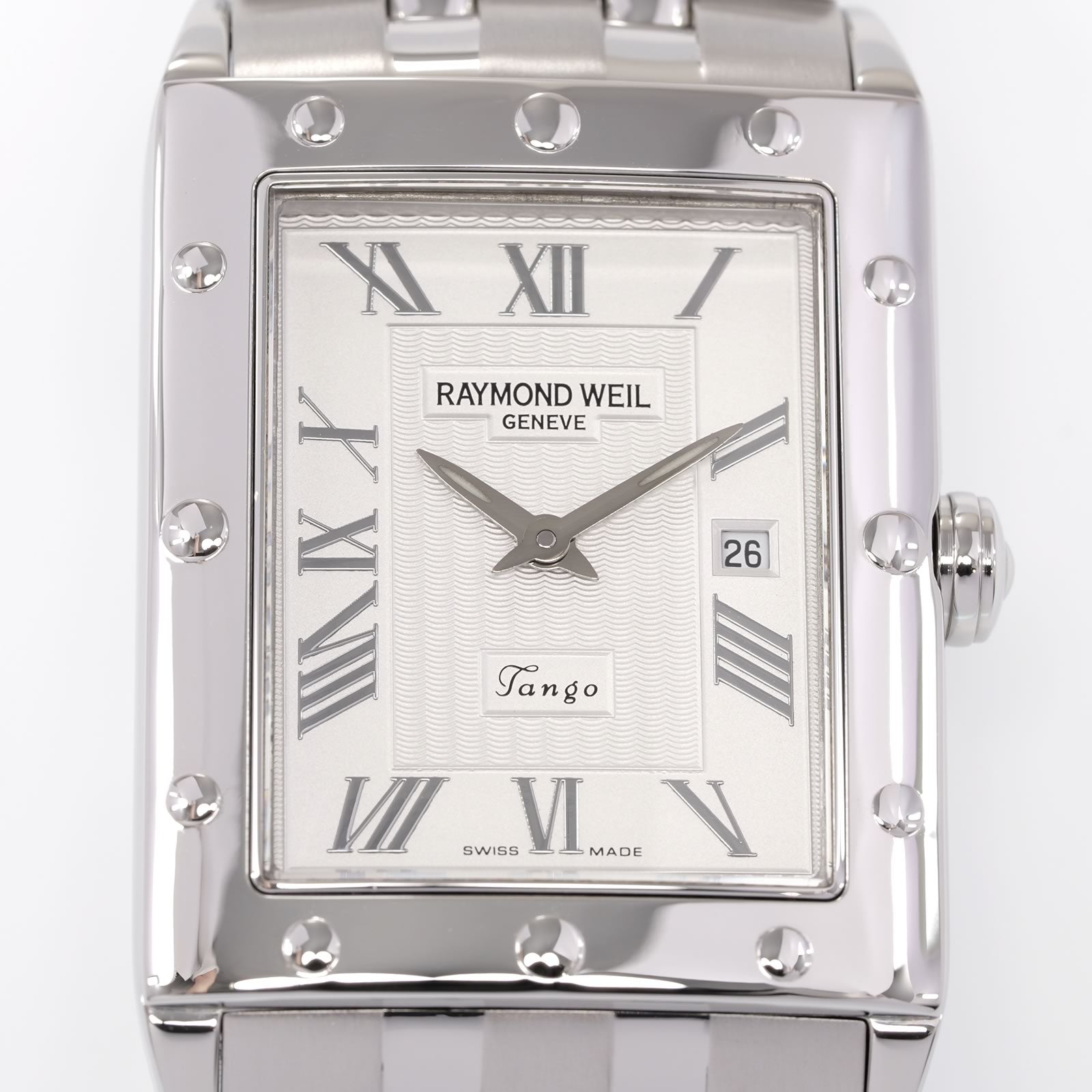 Raymond Weil Tango 5381 Silver Roman Numeral guilloche dial close up