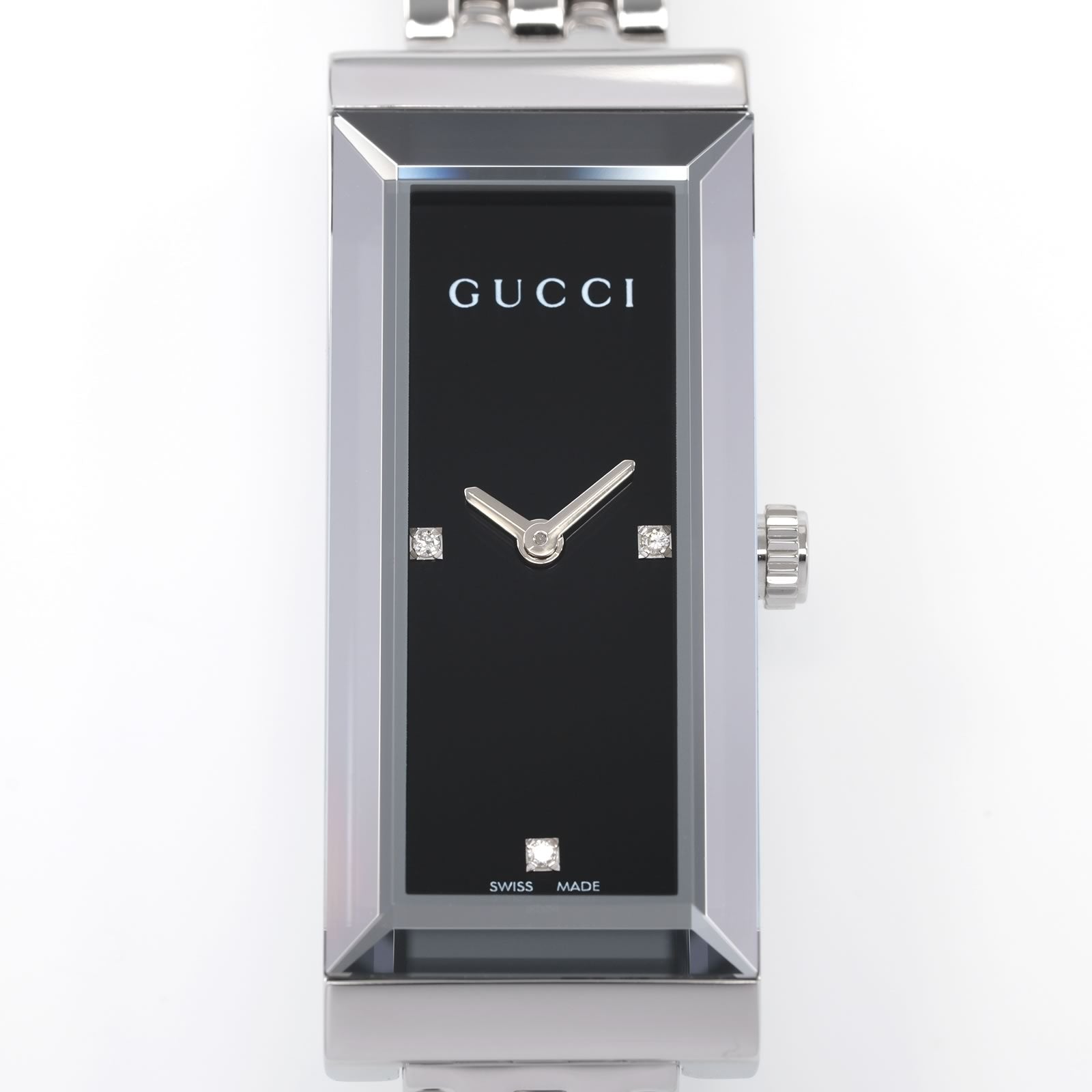 Gucci G-Frame 127.5 Black Rectangular Dial with 3 Diamonds close up