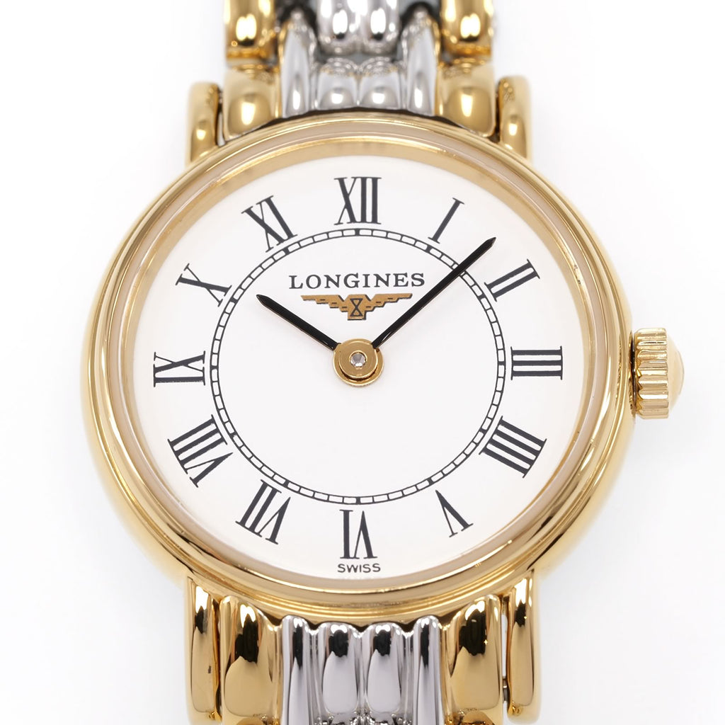 Longines Présence L4.219.2 White Roman Numeral dial close up