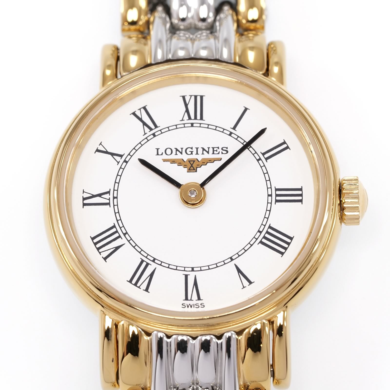 Longines Présence L4.219.2 White Roman Numeral dial close up