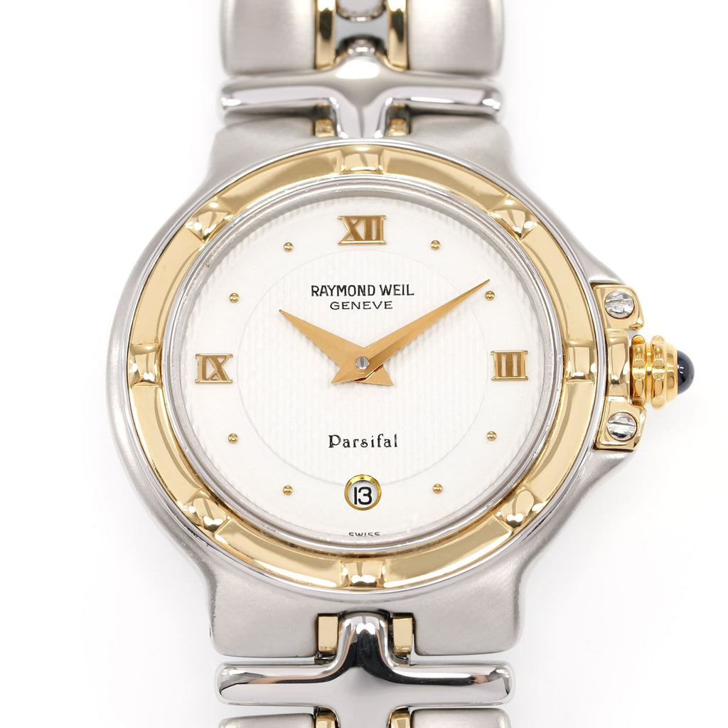 Raymond Weil Parsifal 9990 White Guilloche Quarter Roman Numeral dial close up