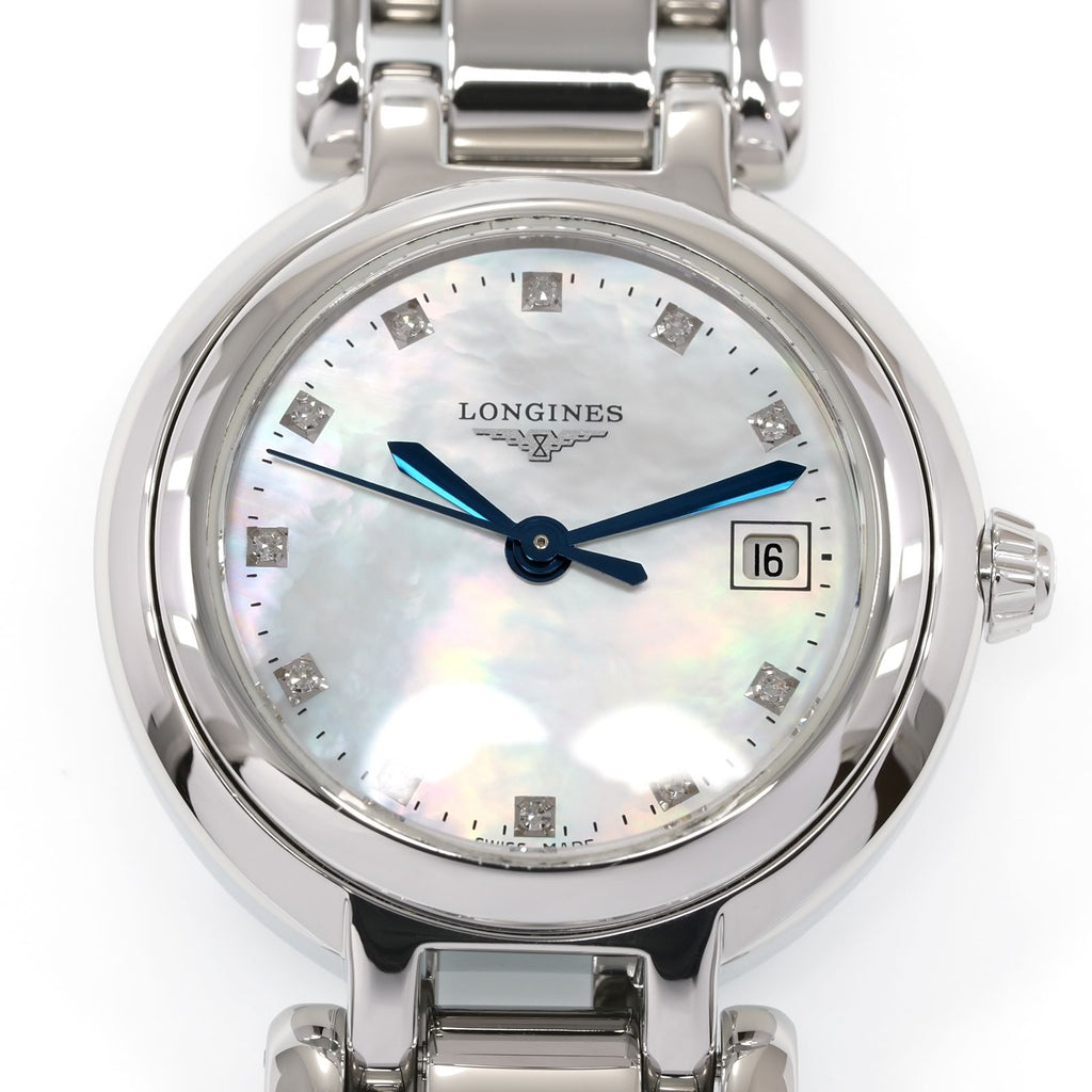 Longines PrimaLuna L8.110.4 White Iridescent Mother of Pearl dial close up with diamond markers