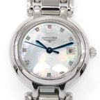 Longines PrimaLuna L8.110.4 White Iridescent Mother of Pearl dial close up with diamond markers