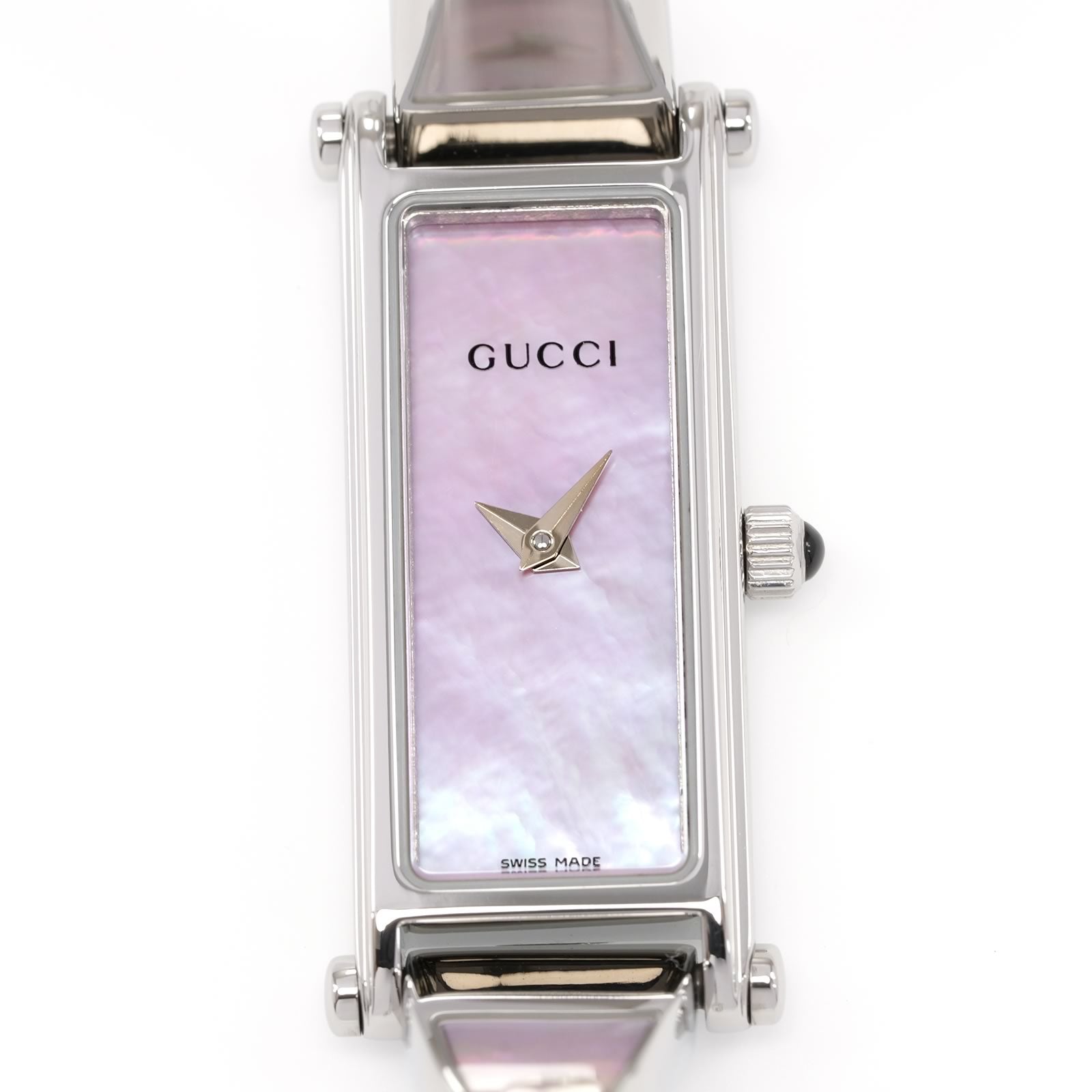 Gucci 1500L Iridescent Pink Mother of Pearl Rectangular Dial close up