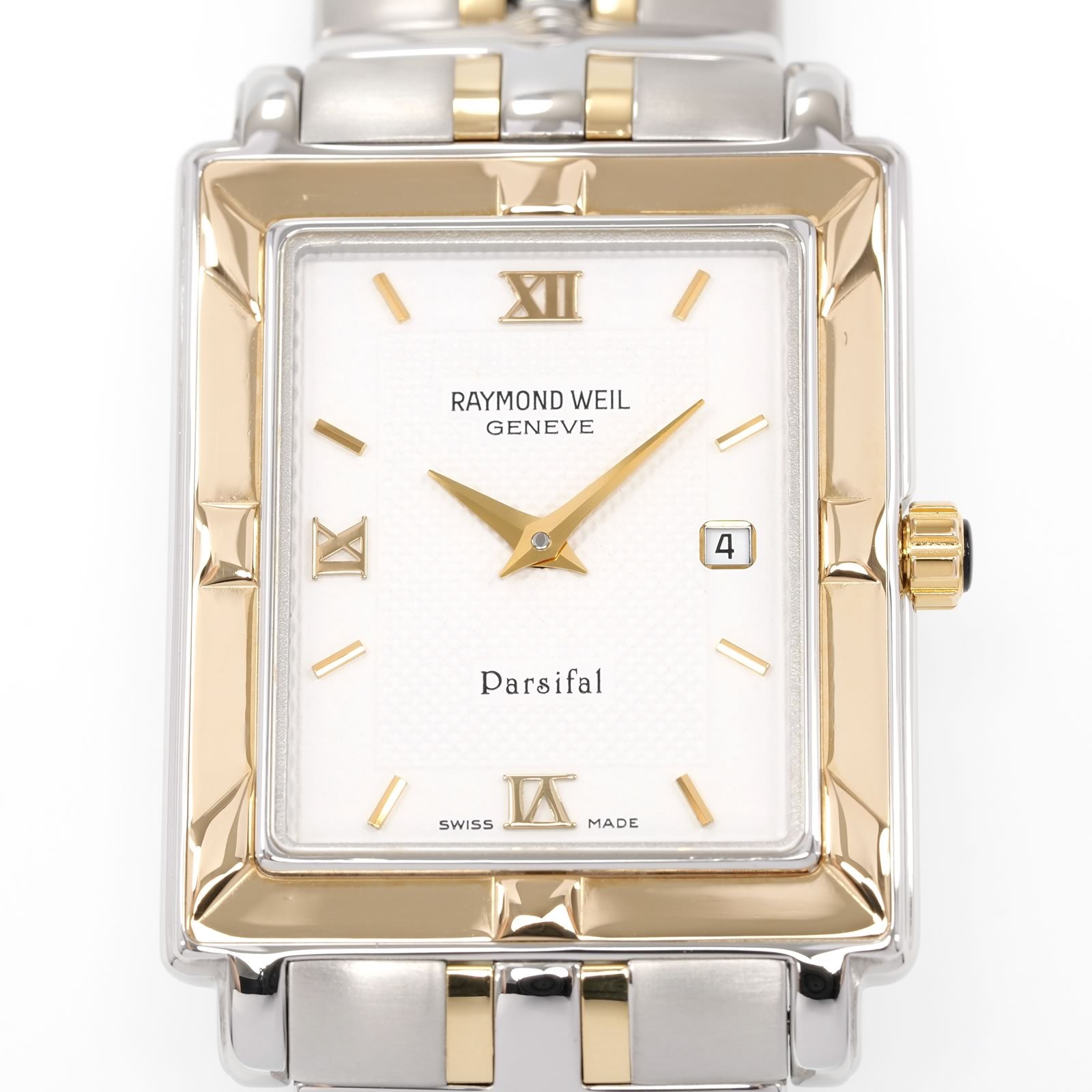 Raymond Weil Parsifal 9330 White Rectangular guilloche Roman Numeral dial close up
