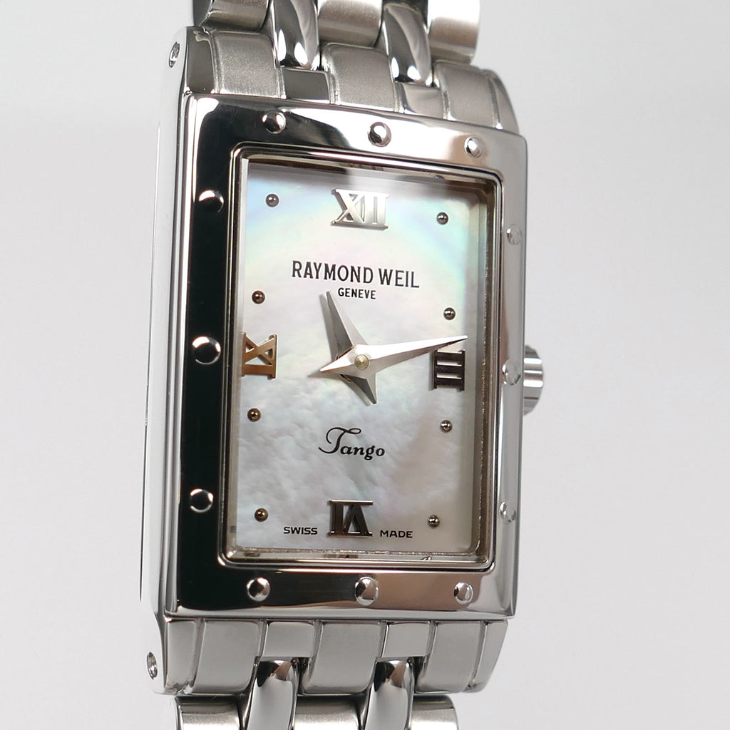 Raymond Weil Tango 5970 Iridescent Mother of Pearl Rectangular Dial close up
