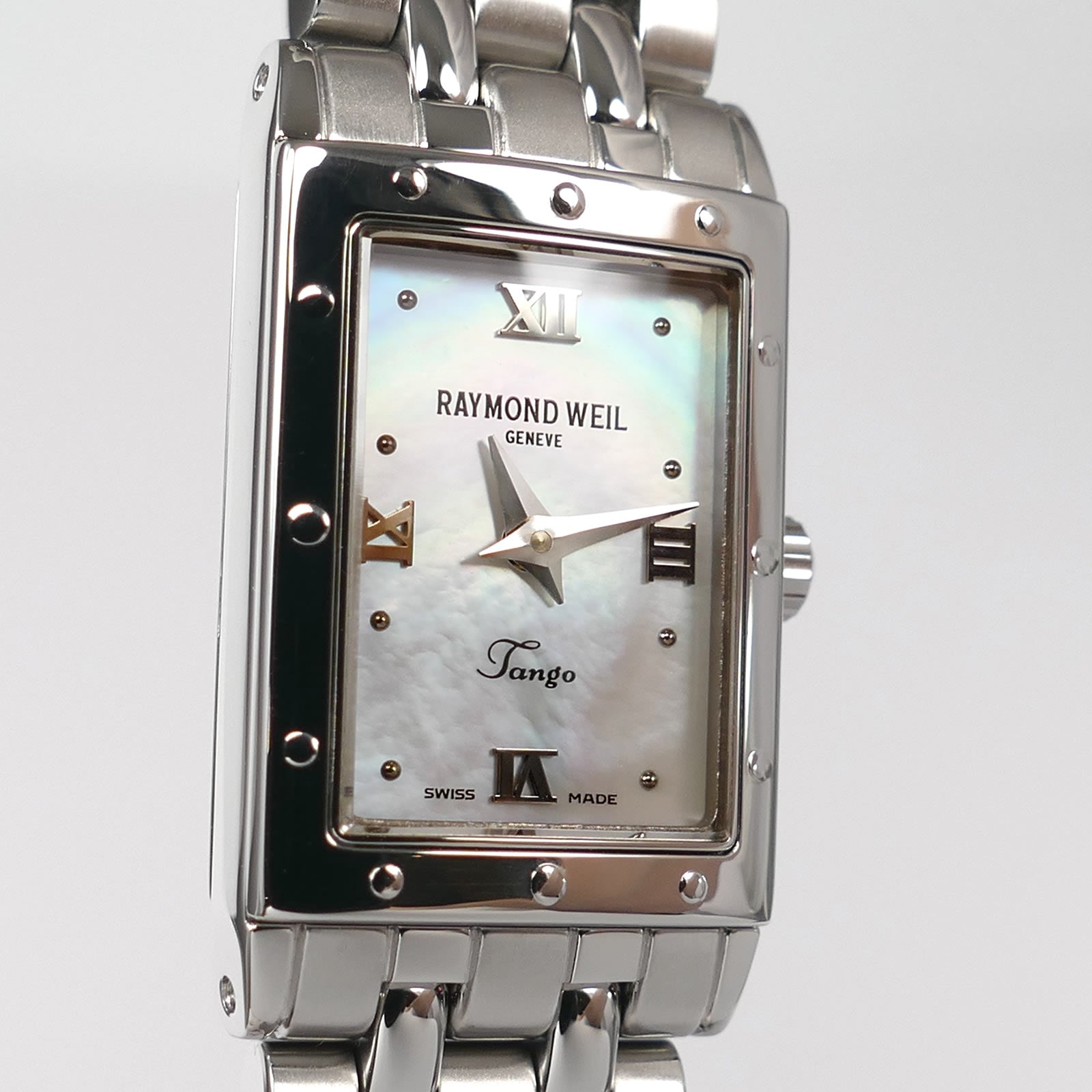 Raymond Weil Tango 5970 Iridescent Mother of Pearl Rectangular Dial close up