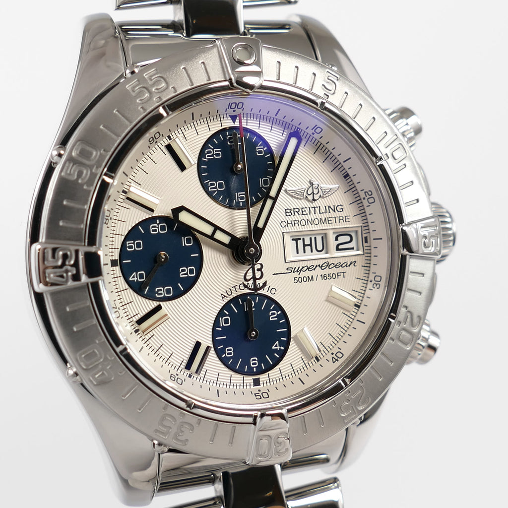 Breitling Superocean II A13340 silver / blue dial close up