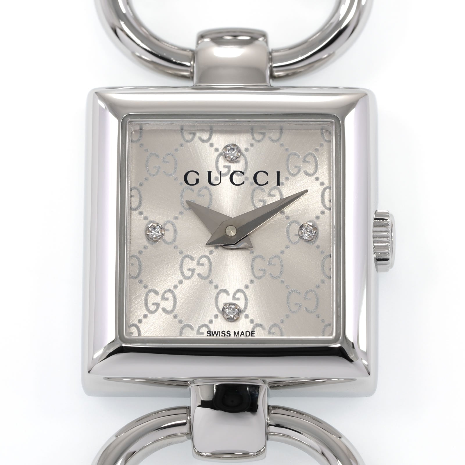 Gucci Tornabuoni 120 Silver Sunburst Gucci G Pattern Dial with 4 Diamonds close up